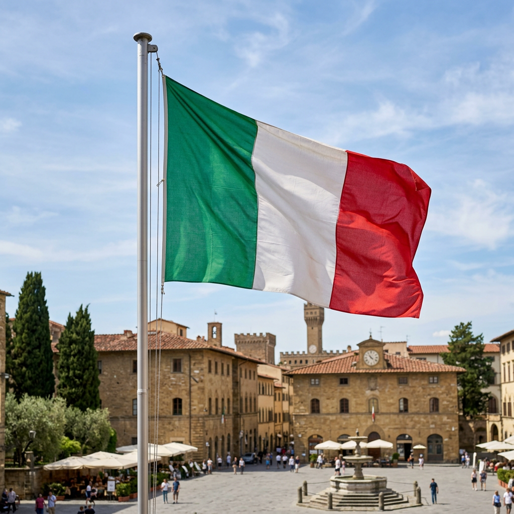 Italian flag waving over historic town square with stone buildings and people