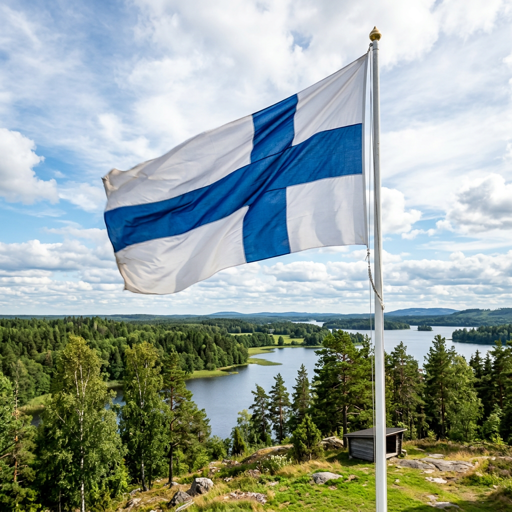 Finnish flag on a pole with blue cross on white background above forest and lake
