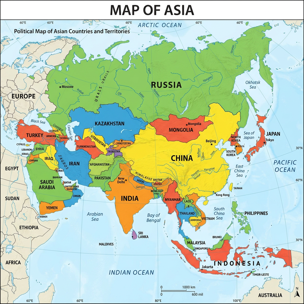 Political map of Asia with countries and capitals