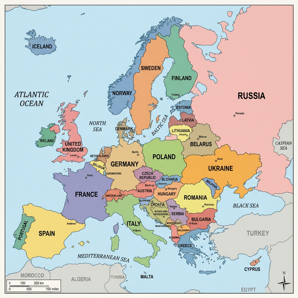 Political map of Europe showing countries and capital cities
