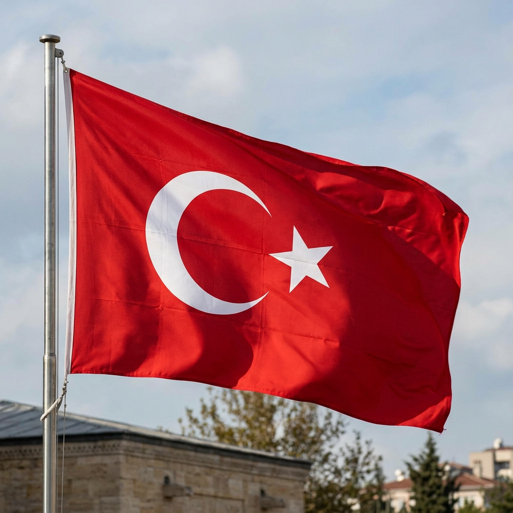 Red Turkish flag with white crescent moon and star flying on a flagpole