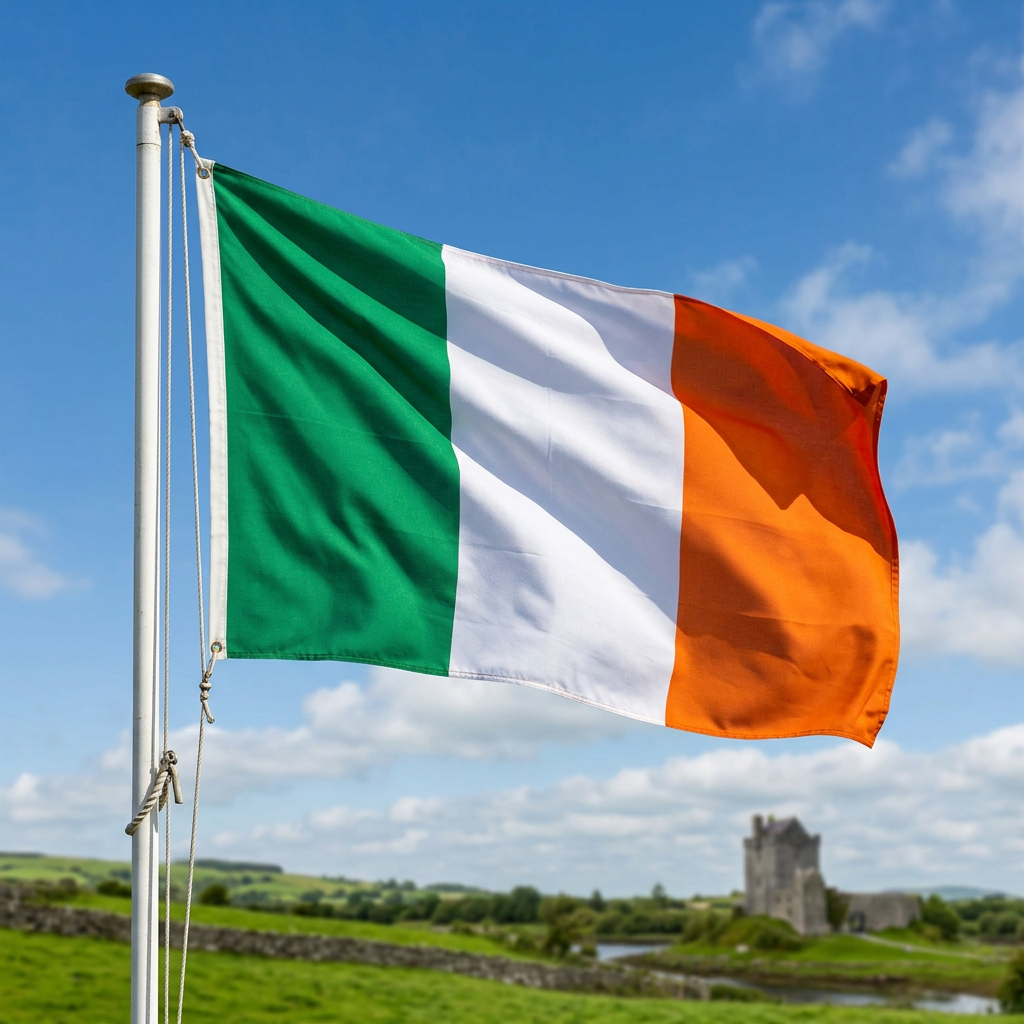 Flag of Ireland with green, white, and orange vertical stripes flying on a pole outdoors